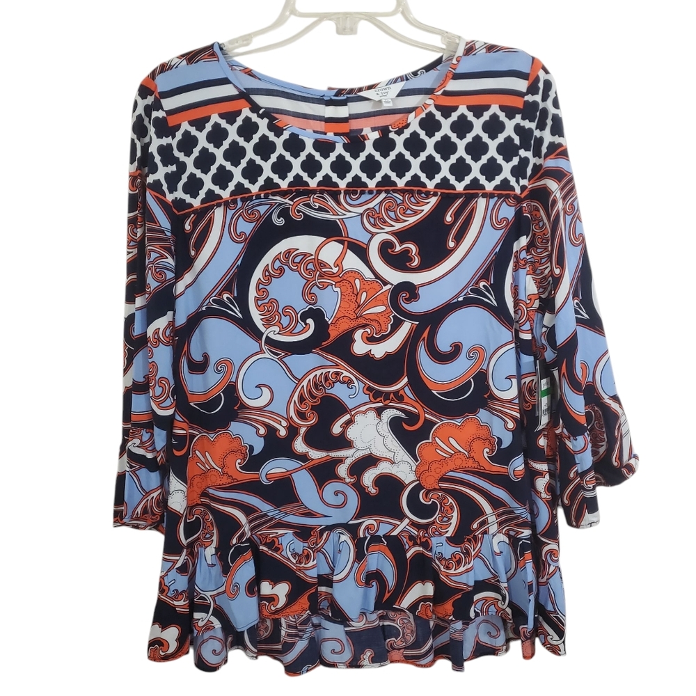 NWT Crown & Ivy Scroll By The Sea Blouse Ruffles Coral Navy Paisley Petite Large